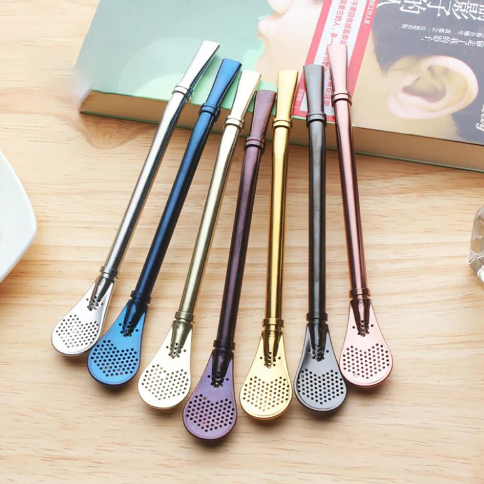 Colorful Creative Stainless Steel Drinking Straw Spoon Tea Filter Stick