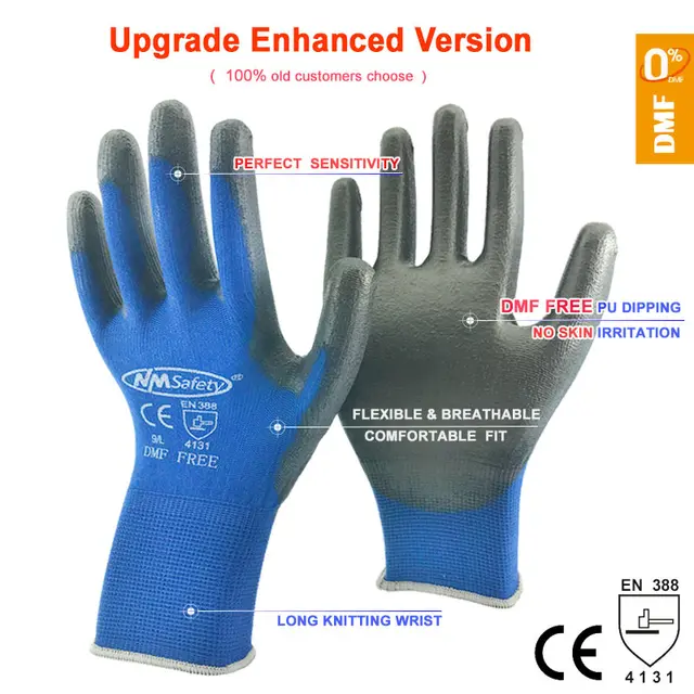 24Pieces/12 Pairs Industrial Protective Work Safety Gloves Black Pu Nylon Cotton Glove with Garden NMSafety Brand All Sizes PU1350NV -DMF