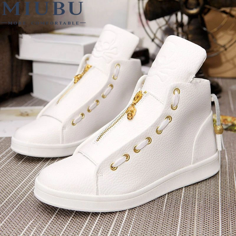 

MIUBU Men Leather Shoes Winter High Top Skull Gold Zipper Design Men Shoes Hip Hop Skeleton Mens Zapatillas Homme