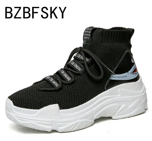 

BZBFSKYHigh Top Men Women Sneakers 5 CM Thick Sole Sock Shoes Knit Vamp Breathable Dad Shoes White Black Sapato Feminino 35-46