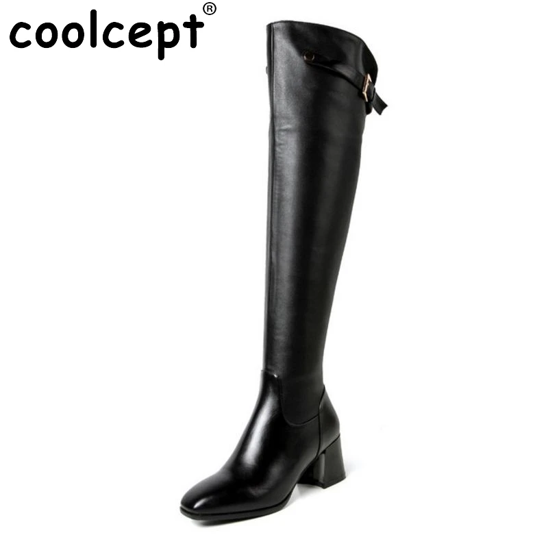 

Women Real Genuine Leather Square Low Heel Over Knee Boots Woman Square Toe Warm Winter Shoes Heeled Footwear Size 34-39
