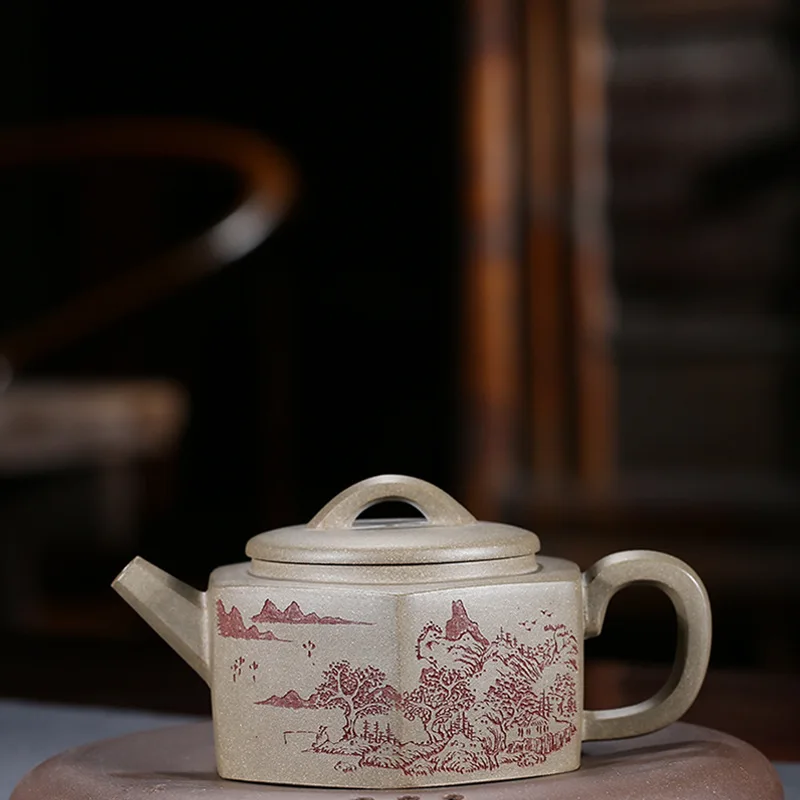 

Pottery Teapot Quality Goods Famous Manual Make Raw Ore Grey Lime Section Mud Six Square Kettle Kungfu Online Teapot Tea Set