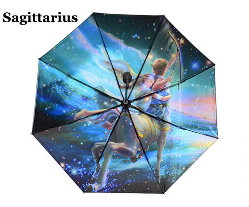 Sagittarius Zodiac Sun Rain Folding Cartoon Umbrella Women Three