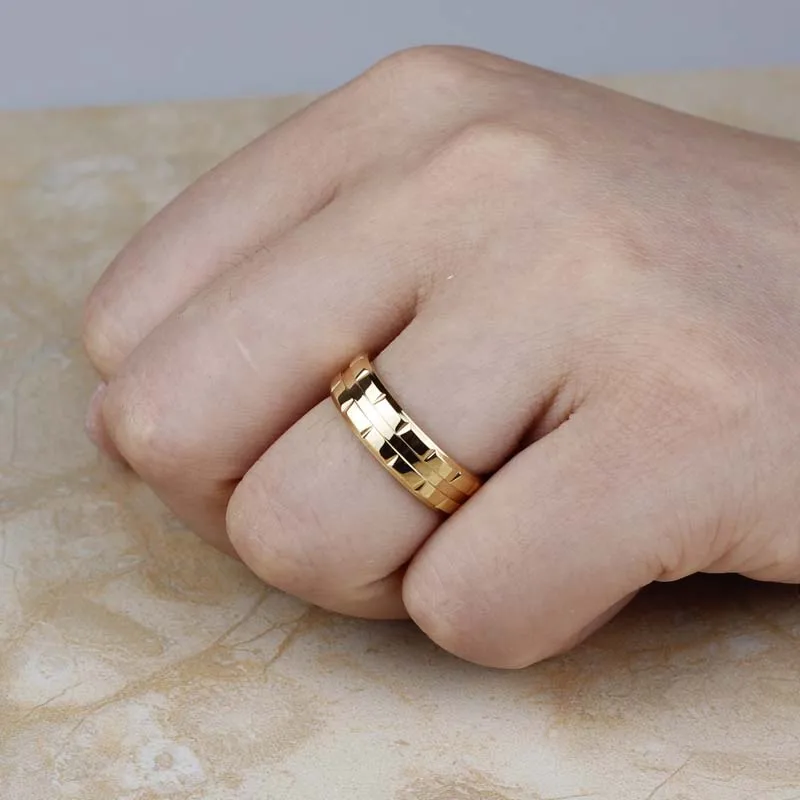 Gold Color Stainless Steel Engagement Wedding Ring For Women And Men Trendy Bands Party Round 6MM Fashion Jewelry Gift (A1058)