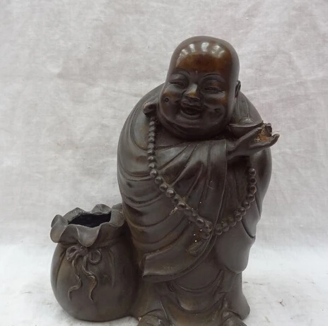 

JP S0114 8" China Bronze Wealth YuanBao Happy Laugh Maitreya Buddha Coin Money Bag Statue