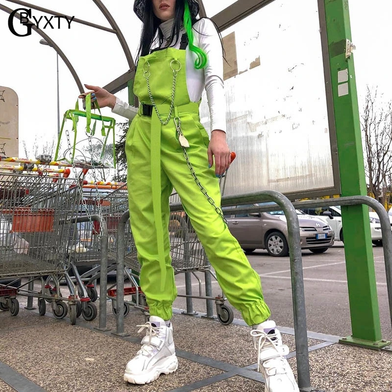 

GBYXTY Streetwear Chain Buckle Overalls 2019 Summer Neon Color Loose Jumpsuit Women Rompers Long Cargo Pants combinaison ZA1491