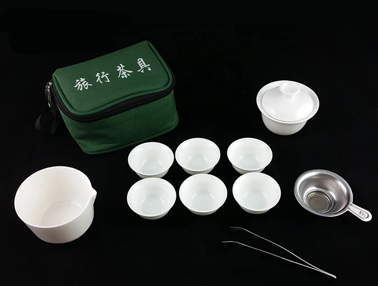 11pcs Set Chinese Portable Kung Fu Tea Set,Porcelain Service Gaiwan Tea Cups Mug of Ceremony Teapot,Ceramic Travel Teacup
