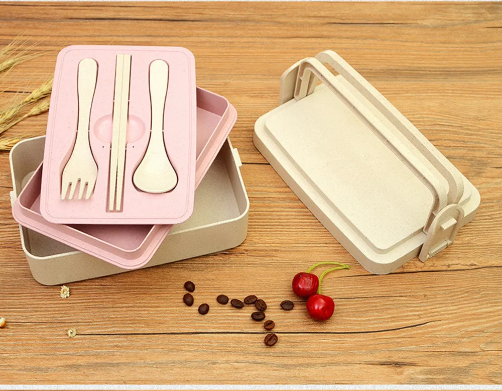 Портативный контейнер для пикника с ручкой переноски пшеничной соломы Bento Box