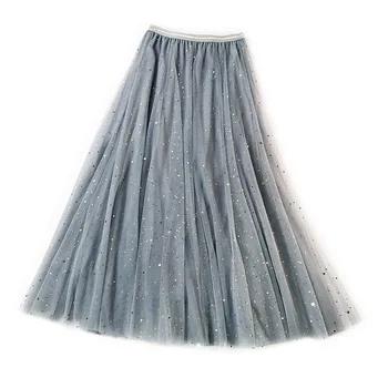 

Princess Shiny Star Fairy Sequin Mesh Skirt Long Slim A Line Beautiful Tulle Skirt Girls Sweet Empire Elegant Female High Waist