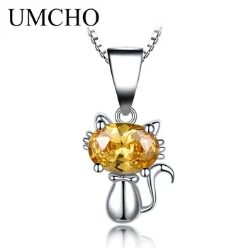 

UMCHO Real Silver 925 Jewelry Pendant Created Citrine Gemstone Pendants Cartoon Children's Necklace Cat Jewelry Birthday Gift