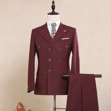 Высококачественная модная Нежная мужская футболка в полоску винно-красного цвета, двубортный комплект из 3 предметов, костюм жениха/Мужские костюмы/Мужская праздничная одежда 1206