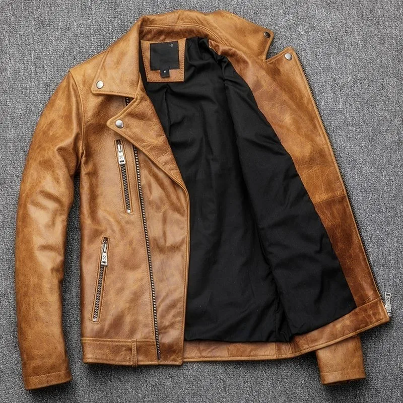 Винтажная Байкерская мотоциклетная куртка из натуральной кожи, мужская куртка на молнии, приталенная куртка из натуральной кожи размера плюс 4XL, мужская куртка из воловьей кожи с отворотом