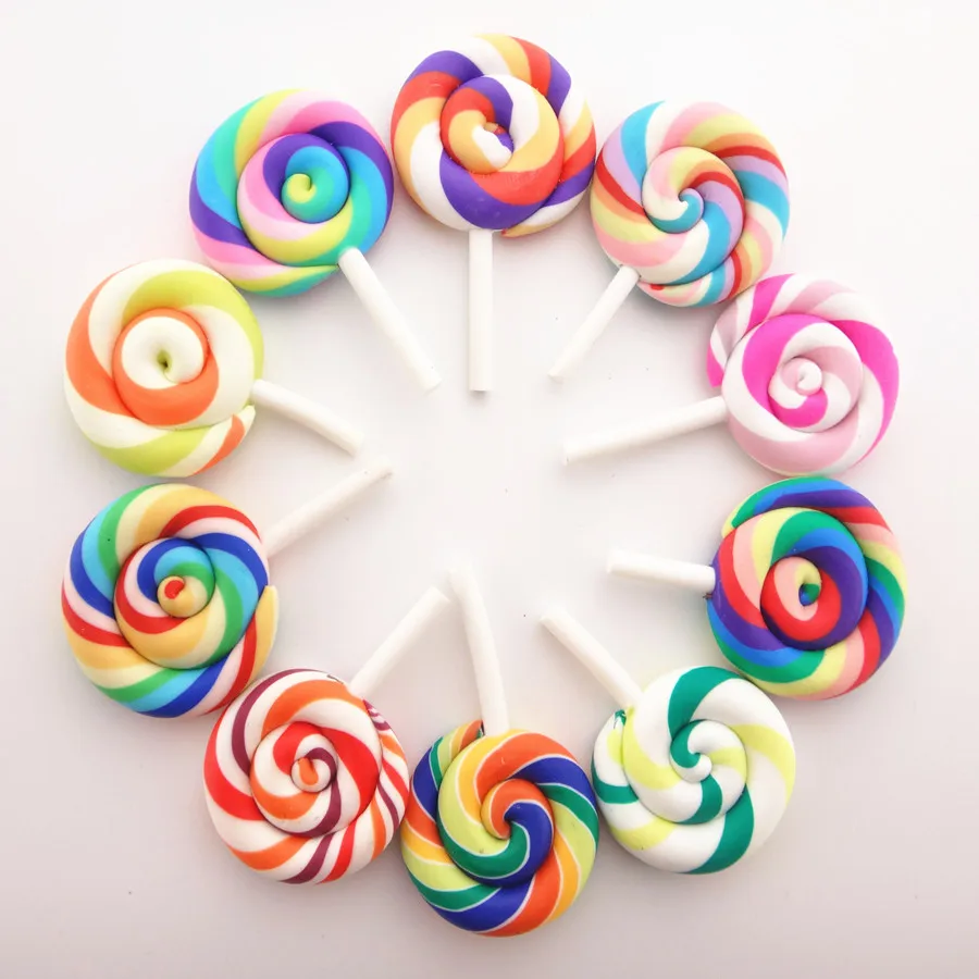 10pcs/lot 28*42MM Kawaii Soft Clay Rainbow Lollipop Cabochons Handmade Resin Material DIY Hair Bow Decorative