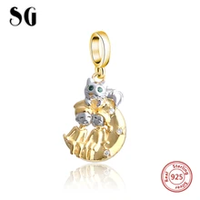 100% Real 925 Sterling Silver Couple & Gold Cat Charm Beads Fit Original Pandora Bracelets Pendant Authentic DIY Jewelry Gifts 14k real gold believe beads 100% 925 sterling silver two tone charm beads for jewelry making fit bracelets diy pf112k