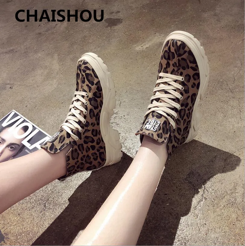 

CHAISHOU Autumn Winter Women Boots Platform Boots suede leopard print Martin boots thick lace-up shoes female zapatos mujer