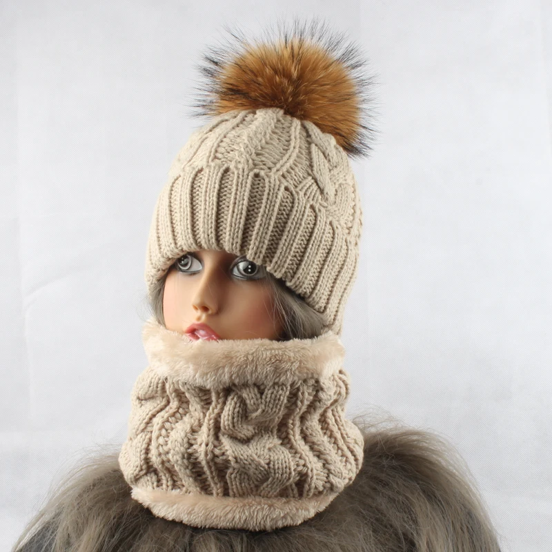 Winter Fleece Inside Warm Scarf Hat For Women Real Fur Pompom Beanie Twist Knitted Hat And Scarf Set