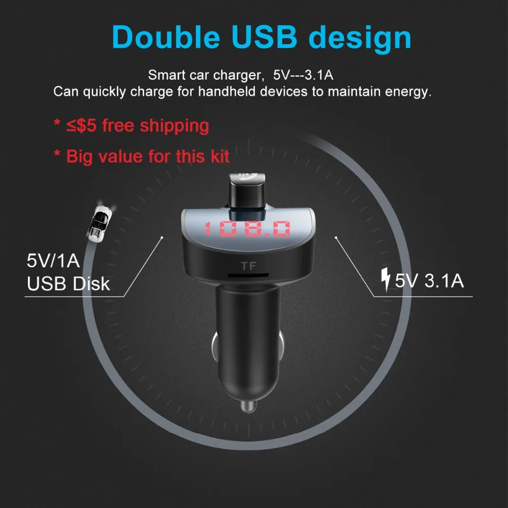 

Siparnuo FM Transmitter Bluetooth Car Transmiter FM Broadcast Transmitter with Dual USB Car Charger 5V/3.1A Output