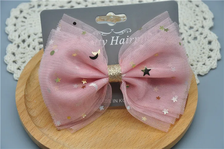 Newest 1 piece Star Big Mesh Lace Bows Accessories With Clip Boutique Bow Hairpins Hair Ornaments