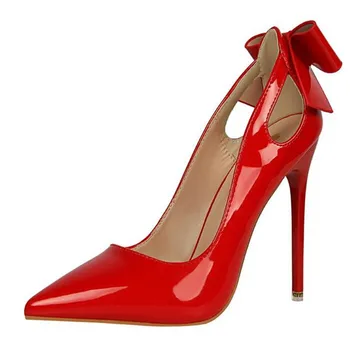 

Pink White Women Pumps Patent Leather High Heel Dress Shoes Bowknot Butterfly Knot Bow Cut Out Sandals Woman Stilettos