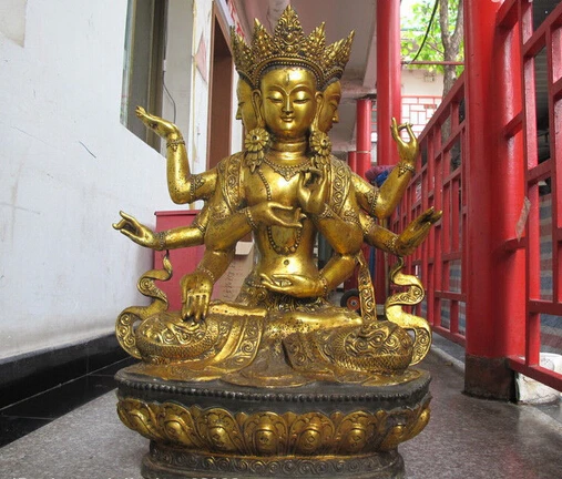 

005847 Huge Tibet Bronze Gild"3 Face 8 Arm "Dragon Kwan-yin Buddha Bodhisattva Statue