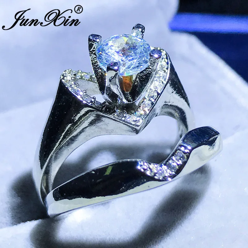 JUNXIN Brand Female White Crystal Wedding Ring Set 925 Silver Filled Heart Engagement Ring Zircon Vintage Bridal Rings For Women