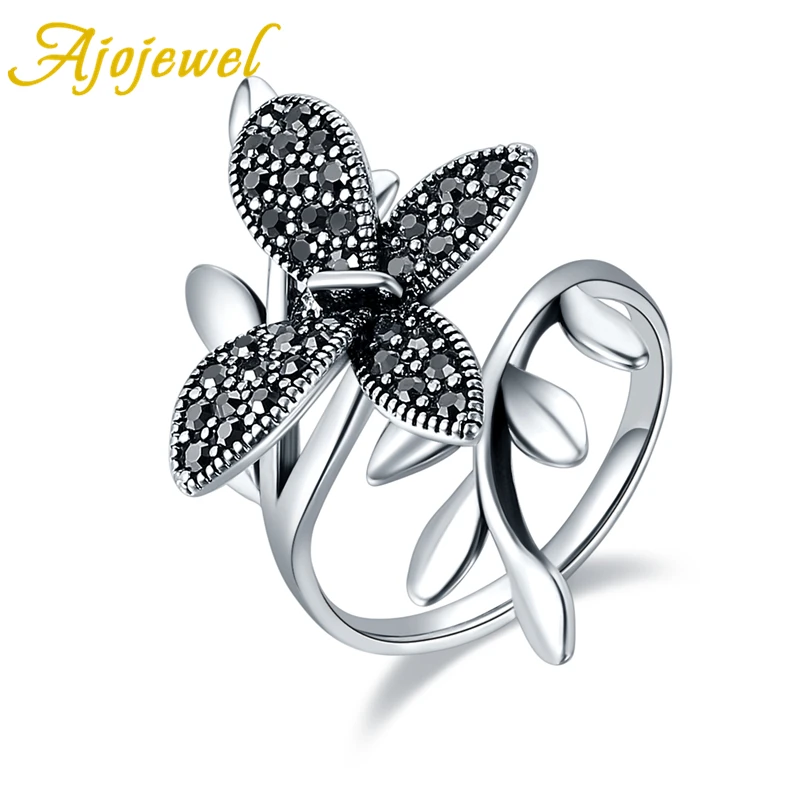 

Ajojewel New Size 7-9 Retro Butterfly Stay On Leaf Ring For Women With Black Rhinestone Vintage Fashion jewelry