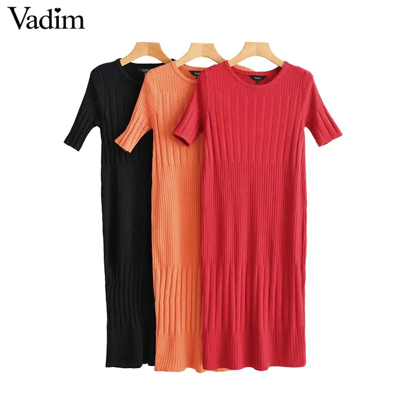 

Vadim women black red knitted dress short sleeve stretchy female casual mid calf dresses slim fits chic O neck vestidos QB502