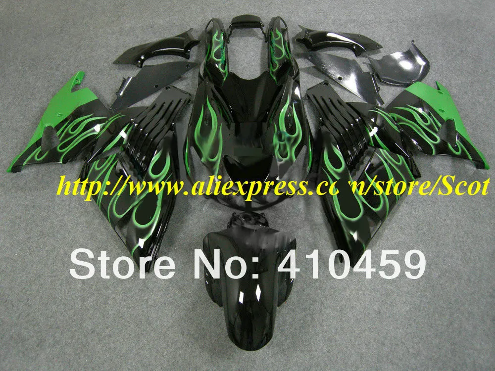 Мотоциклетный вставной обтекатель комплект для KAWASAKI Ninja ZX14R 06 07 ZX 14R 2006 2007 ZX-14R 06-07 зеленое пламя черное Обтекатели KL20