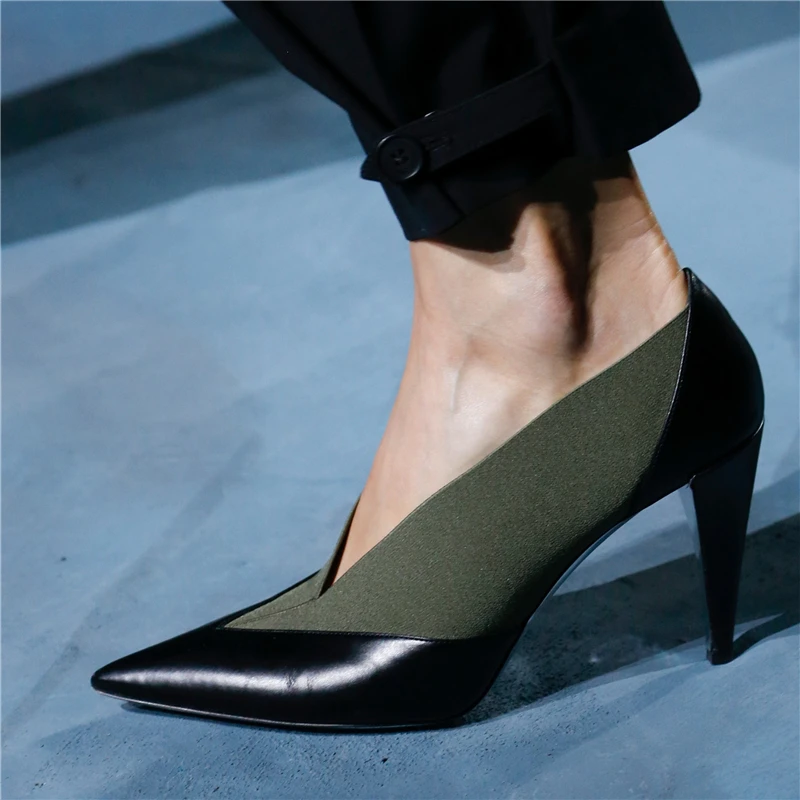 Mcacchi/Новинка года; кожаные женские офисные модельные туфли на высоком каблуке в стиле пэчворк; женские туфли с острым носком для подиума; слипоны с v-образным вырезом