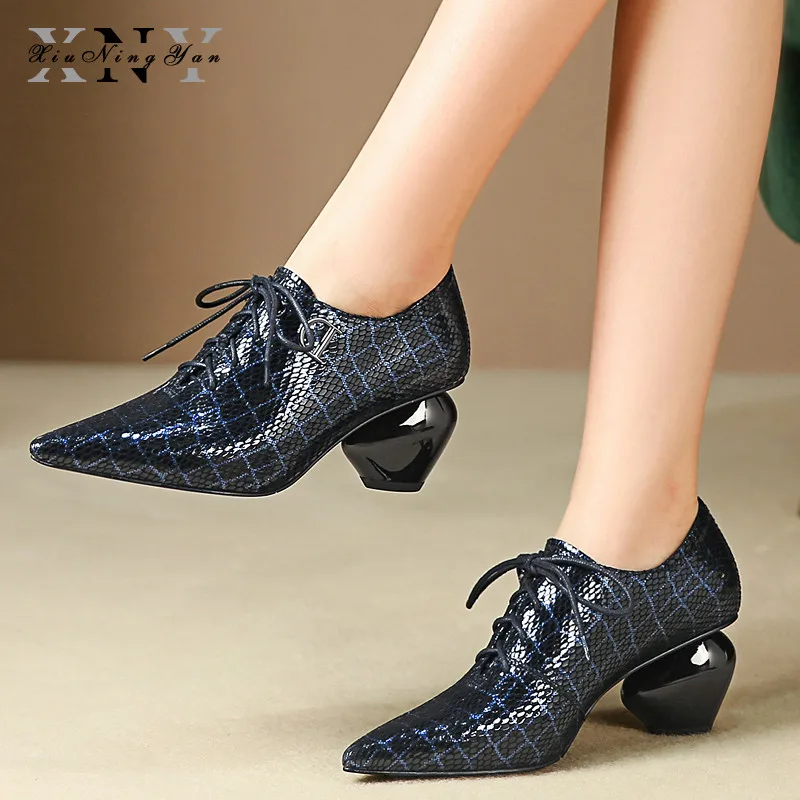 

Office Lady Fashion Shoes Sheepskin Women Pumps Lace Up Pointed Toe Footwear 6cm High Heels Female Dress Shoes Woman 2019 Autumn