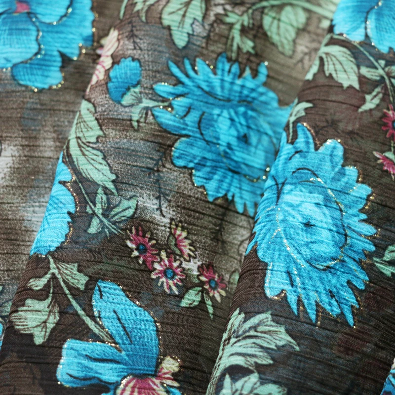 

Vintage paisley printed material chiffon crepe fabric gold embossed