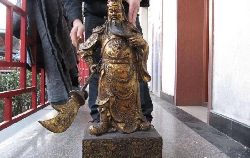 

31 INCH China Folk Fane Old Bronze gild Dragon Guan Gong warrior general Statue