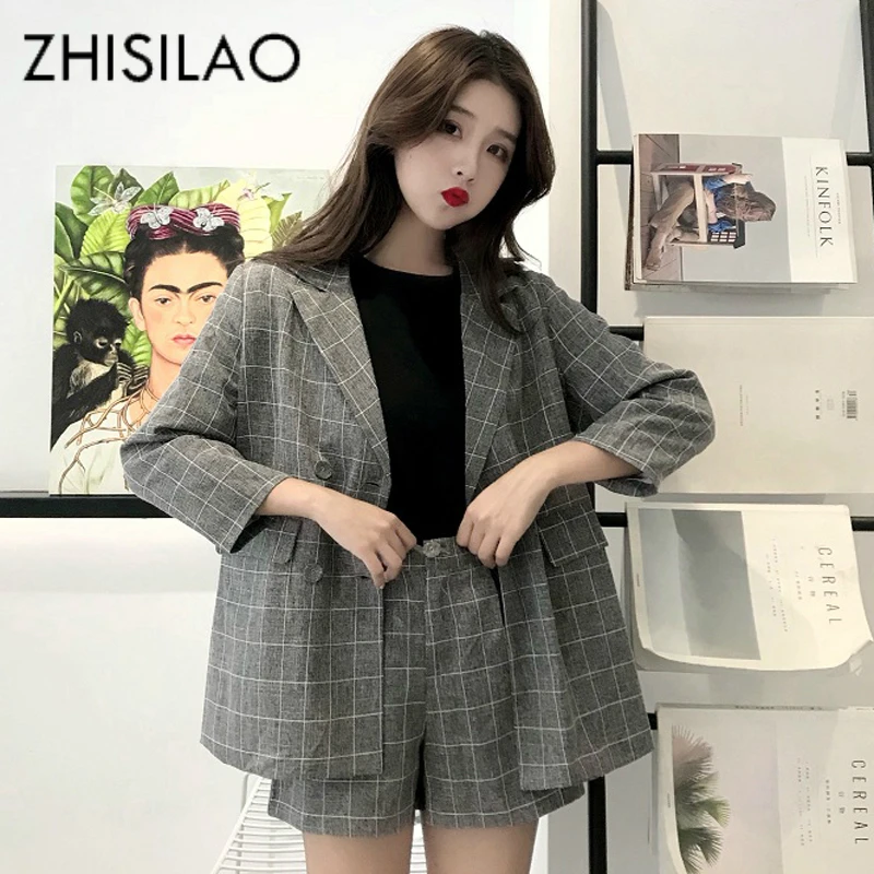 Plaid Blazer Set Women Elegant Office Suit Women OL Work Lattice Two Piece Set Jacket Blazer Coat+ Mini Shorts Female Tracksuit