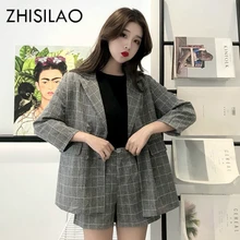 Plaid Blazer Set Women Elegant Office Suit Women OL Work Lattice Two Piece Set Jacket Blazer Coat+ Mini Shorts Female Tracksuit