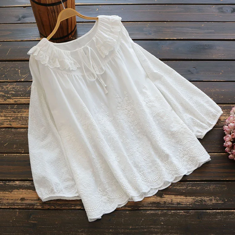 5847 Spring Women Top Literary Vintage Ruffled Collar Drawstring Embroidery Cotton Pullover Long Sleeve Loose Shirt Blouse Women 3