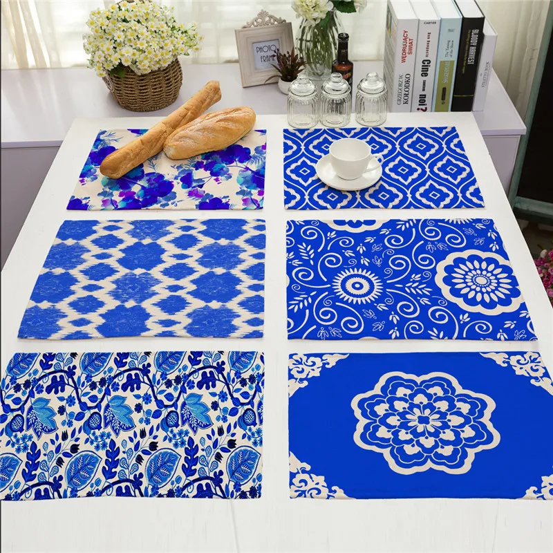 Ethnic Style Pad Placemat Plant Green Blue And White Porcelain Printed