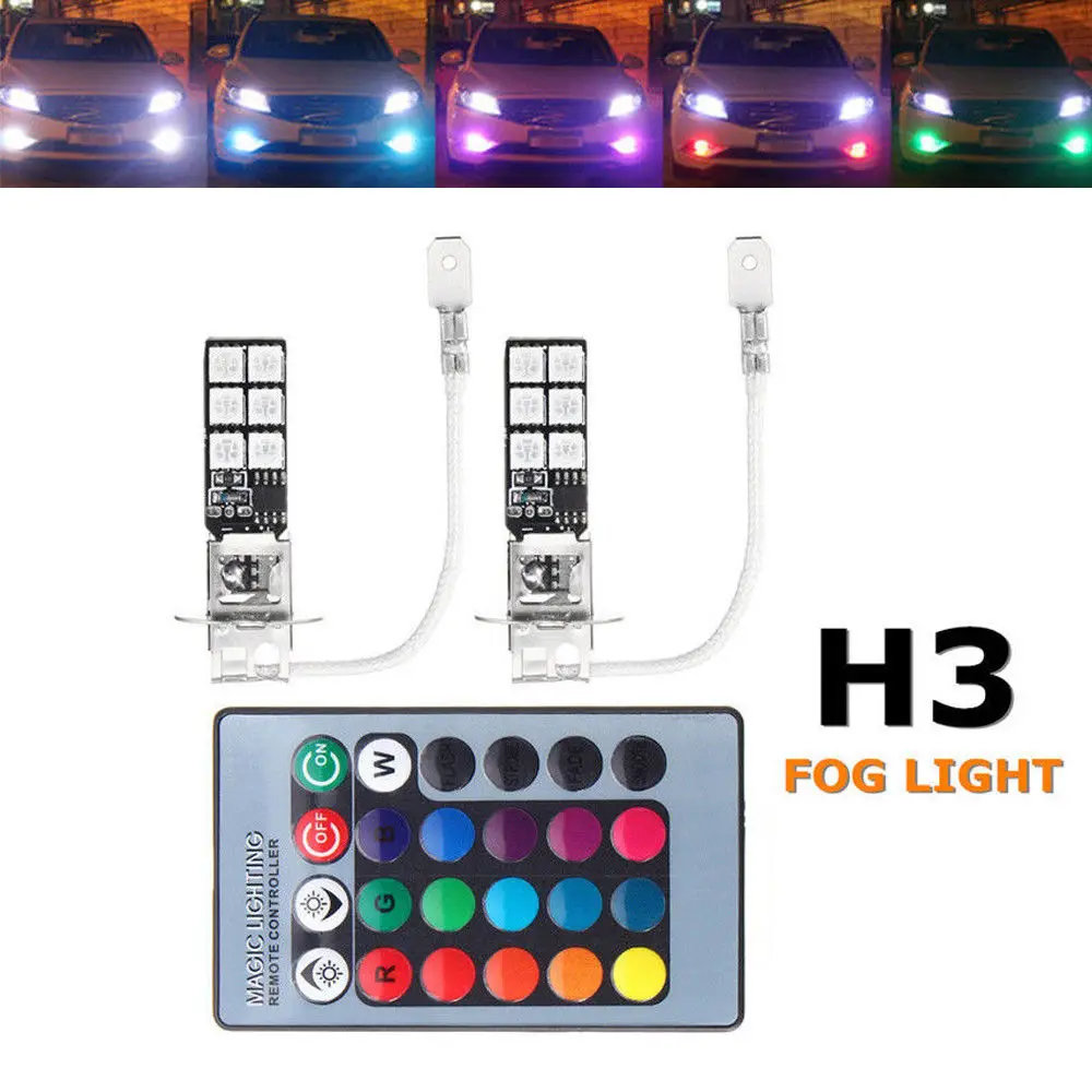 

5.1*1.2cm DC12V H3 RGB Multi-Color Light 5050-12SMD LED Auto Car Headlights Fog Lights + Remote Control
