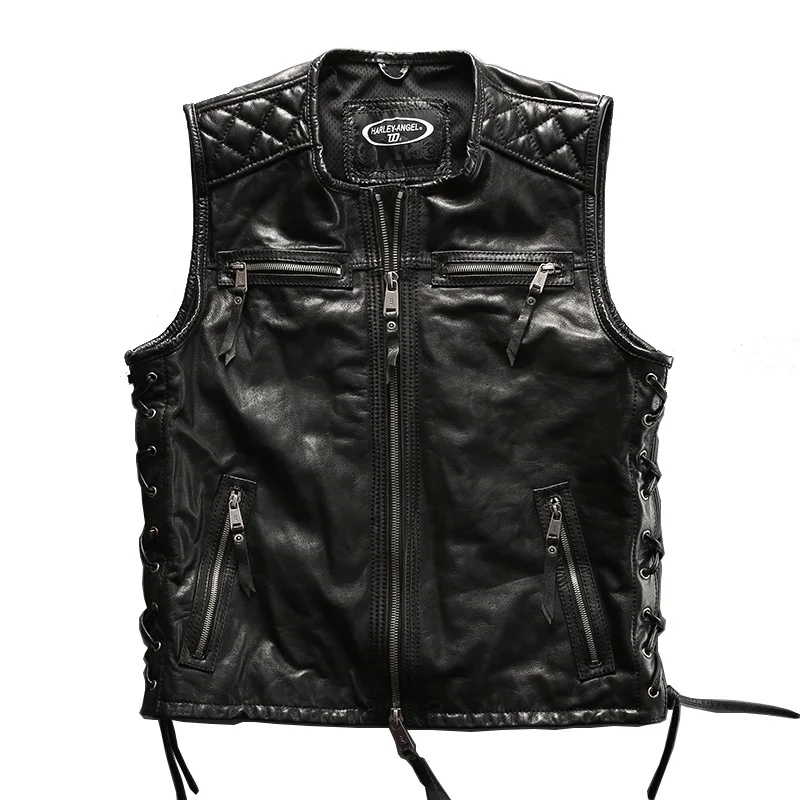 

Big European size vest For super Motor rider Mens high quality cow leather vest genuine cowhide leather motorcycle rider vest