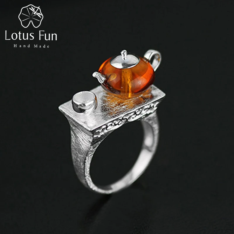 Lotus Fun Real 925 Sterling Silver Vintage Ring Natural Amber Original Handmade Fine Jewelry Cute Teapot Rings for Women Gift