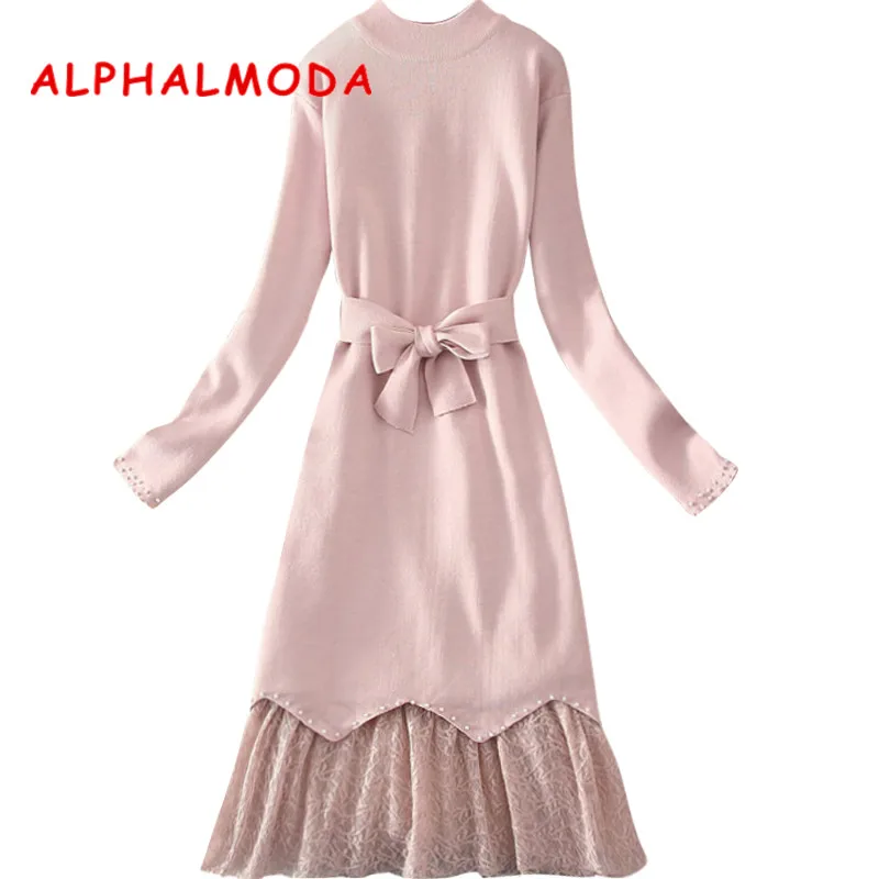 ALPHALMODA милое платье набор весна 2019 Женский жемчужный длинный свитер + кружевная