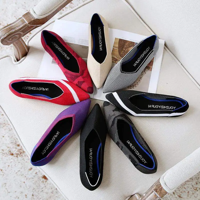 Women Flats Stretch Knitted Mixed Color Moccasins Breathable Cozy Work Shoes Brief Fashion Ladies Light Driving Loafers