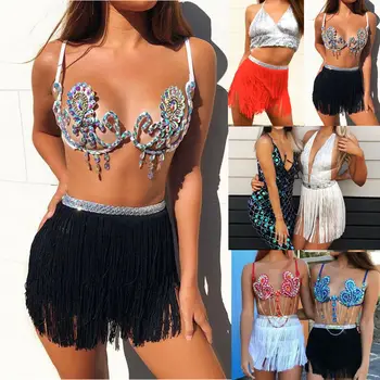 

Women Summer Sexy Sequin Tassel Mini Skirts Ladies Crystal Festival Evening Party Solid Skirt