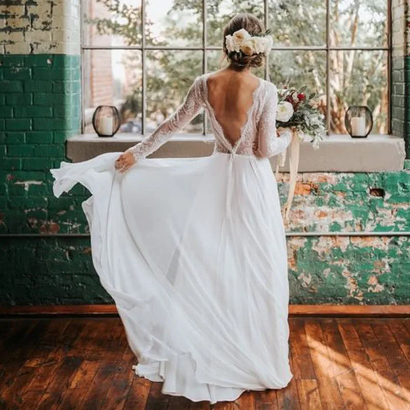 

Eightale Boho Long Sleeve Wedding Dresses 2019 A-Line Lace Wedding Gowns Backless Princess Plus Size Bride Dress Free Shipping