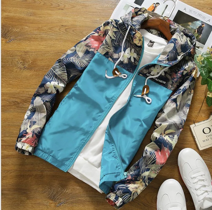 Куртка Ветровка мужская женская jaqueta masculina florl Лоскутная куртка для колледжа - Цвет: Небесно-голубой