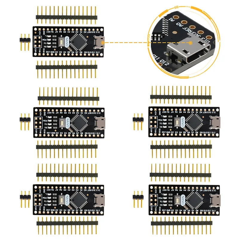 5 шт./компл. Nano V3 Micro USB нано доска ATmega328P 5V 16M микро-контроллер совместим для Arduino Nano V3.0 золото штырьковые наконечники