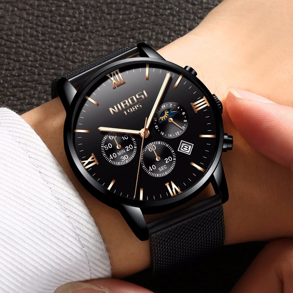 

Stainless Steel Fashion Moon Phase Quartz Watch Men's Casual Sports Waterproof Wrist Watches NIBOSI Brand Relogio Masculino