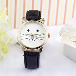Привлекательный милый модный нейтральный алмазов Прекрасный Кошки лица Искусственная кожа кварцевые часы оптом AG7