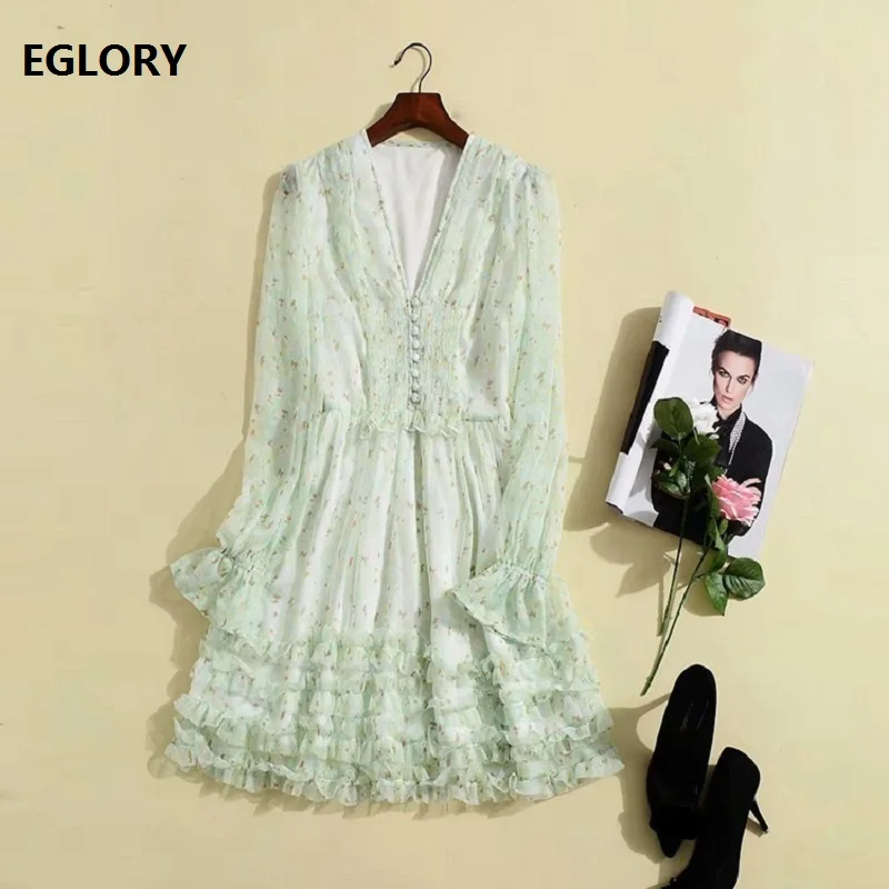 

Sexy Deep V-Neck Dress 2019 Summer Style Women Elegant Floral Print Tunic Buttons Long Sleeve Large Swing Party Sexy Dress Sweet