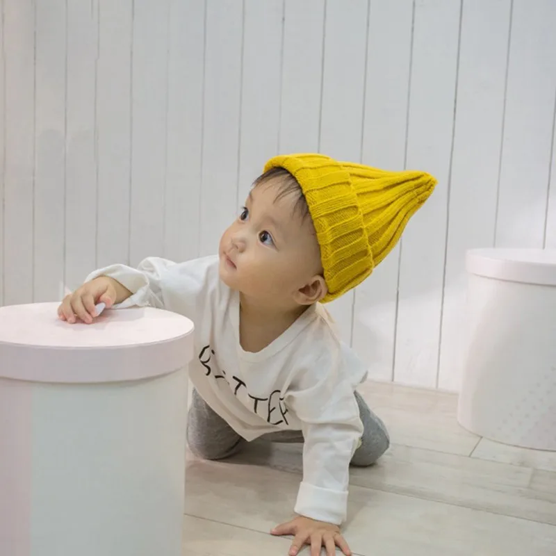 

Fashion Boys Girl Caps Children's Knit Hats Girls Warm Knit Pointed Hat Candy Color 2018 Autumn New Baby Girls Winter Cap A