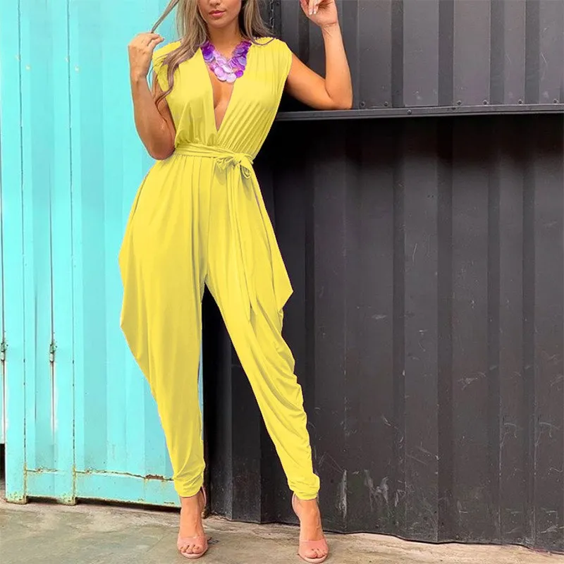 2019 Women Sleeveless Sexy Party Jumpsuit Deep V Neck Casual Playsuit Sashes Ladies Loose Haren Pleated Overalls 2019 Women Sleeveless Sexy Party Jumpsuit Deep V Neck Casual Playsuit Sashes Ladies Loose Haren Pleated Overalls
